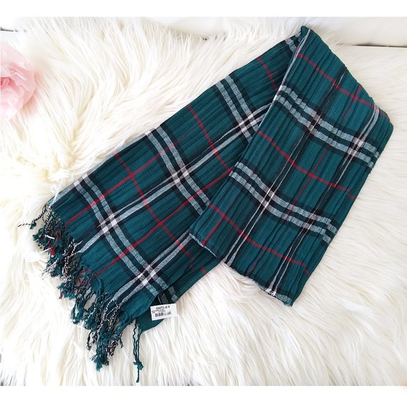 Plaid Tartan Pleated Neck SCARF Green Red White Black Classic Preppy Winter - Picture 2 of 8